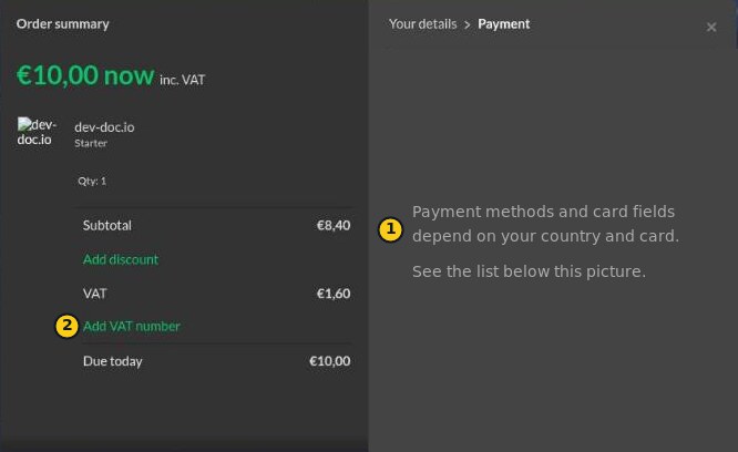 The Payment step of the Paddle checkout: the order summary on the left; the payment area on the right is left blank because its content depends on the buyer.