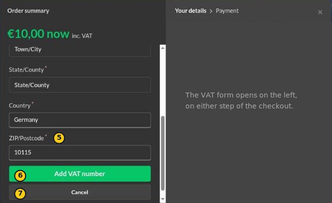 The bottom of the Add VAT number form: state, country, postcode, and the Add VAT number and Cancel buttons.