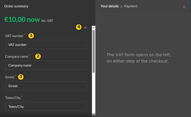 The Paddle checkout with the Add VAT number form open on the left, in place of the order summary; the right side is left blank.