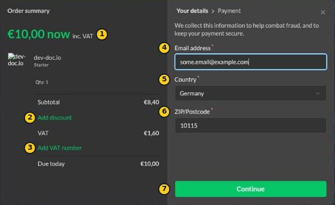 The Your details step of the Paddle checkout: order summary on the left, email, country and postcode on the right.