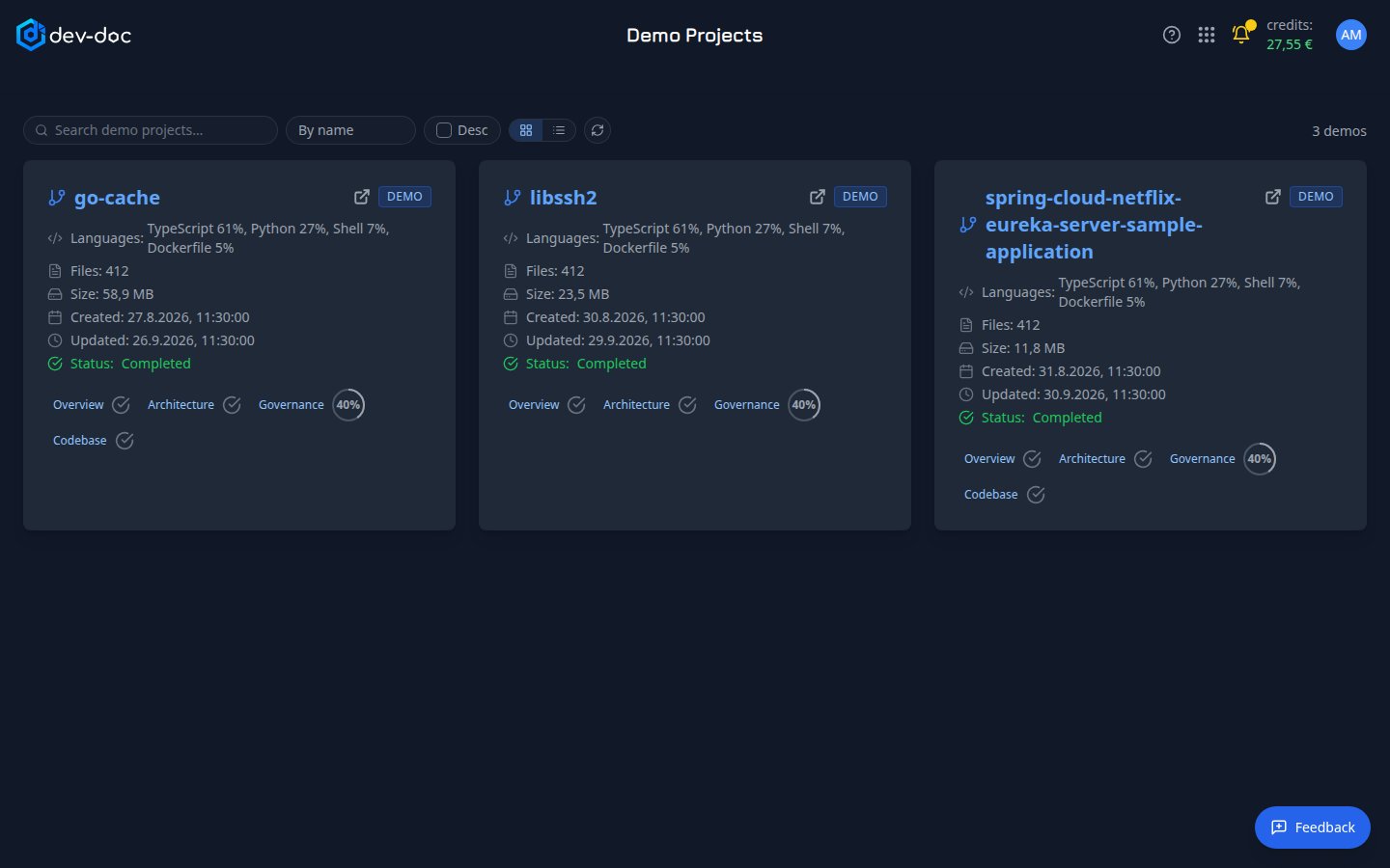 The Demo Projects gallery.