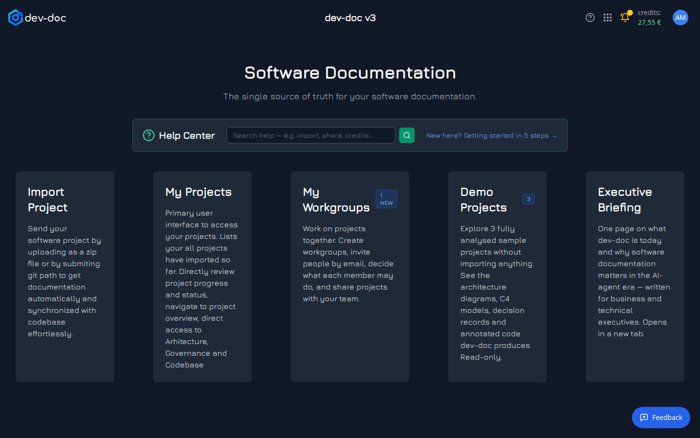 The dev-doc home page with the top bar, help center strip and main cards.