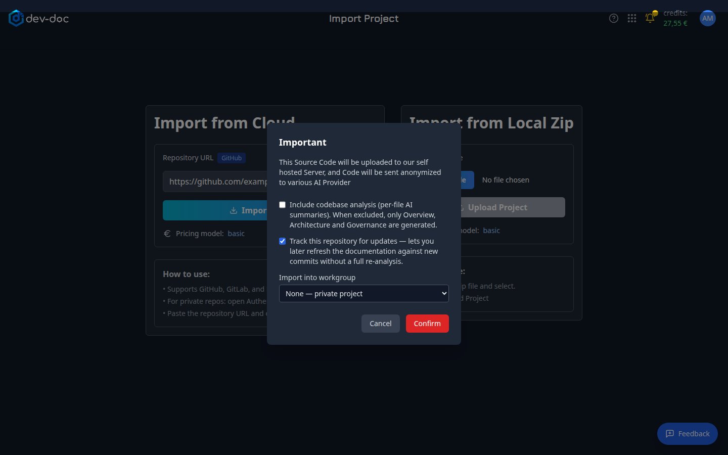 The import confirmation dialog.