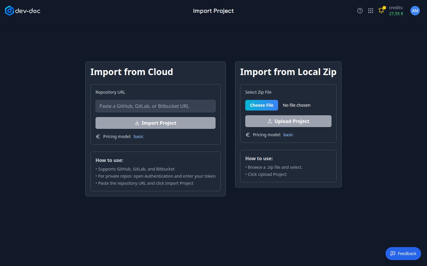 The Import Project page with cloud and zip import.