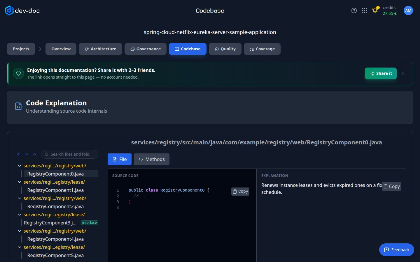 The Codebase tab with a file selected.