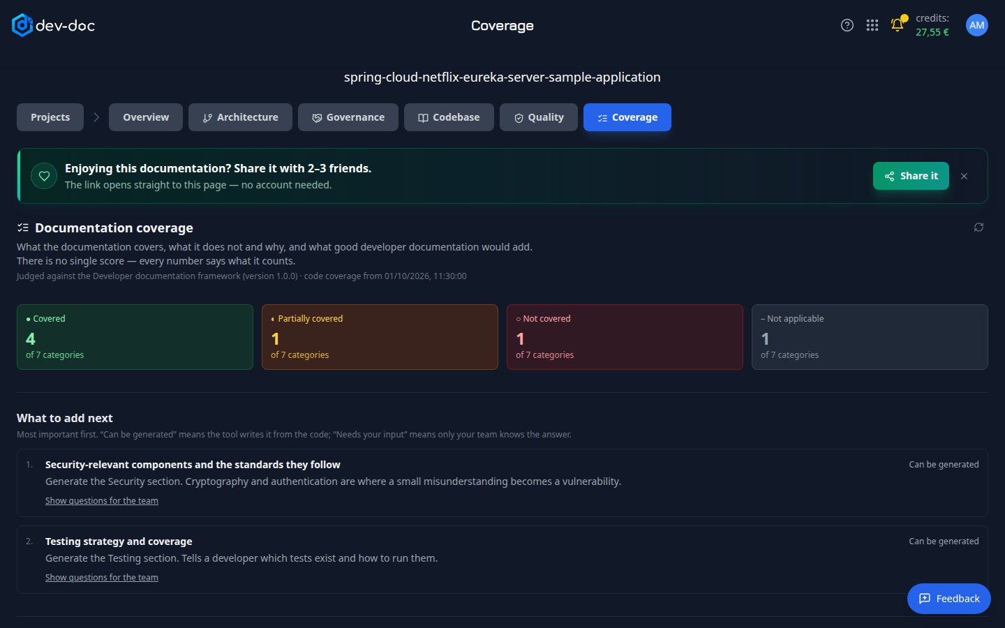 The Coverage tab with the summary, the list of recommended additions and the checklist.