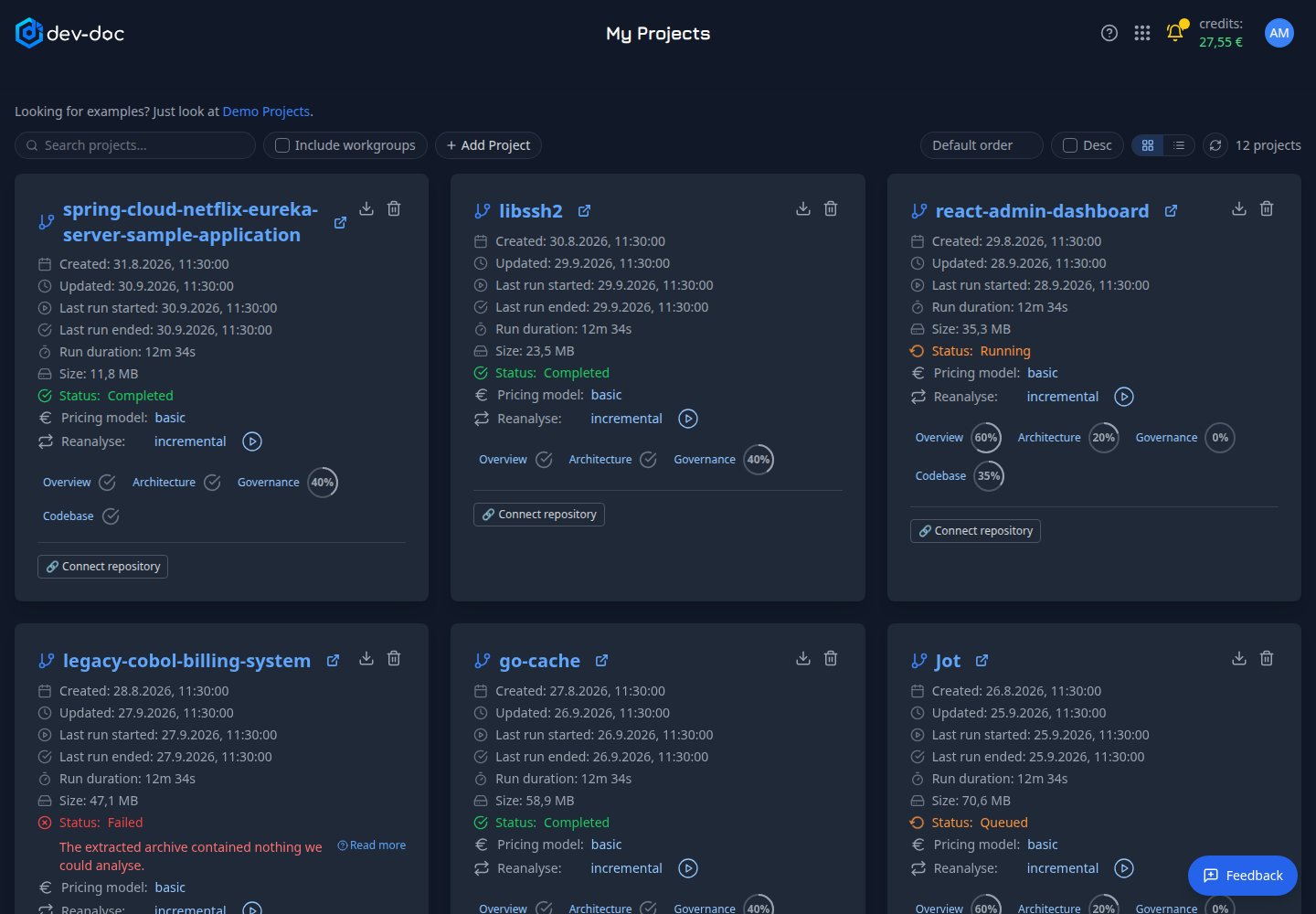 The My Projects page with project cards.