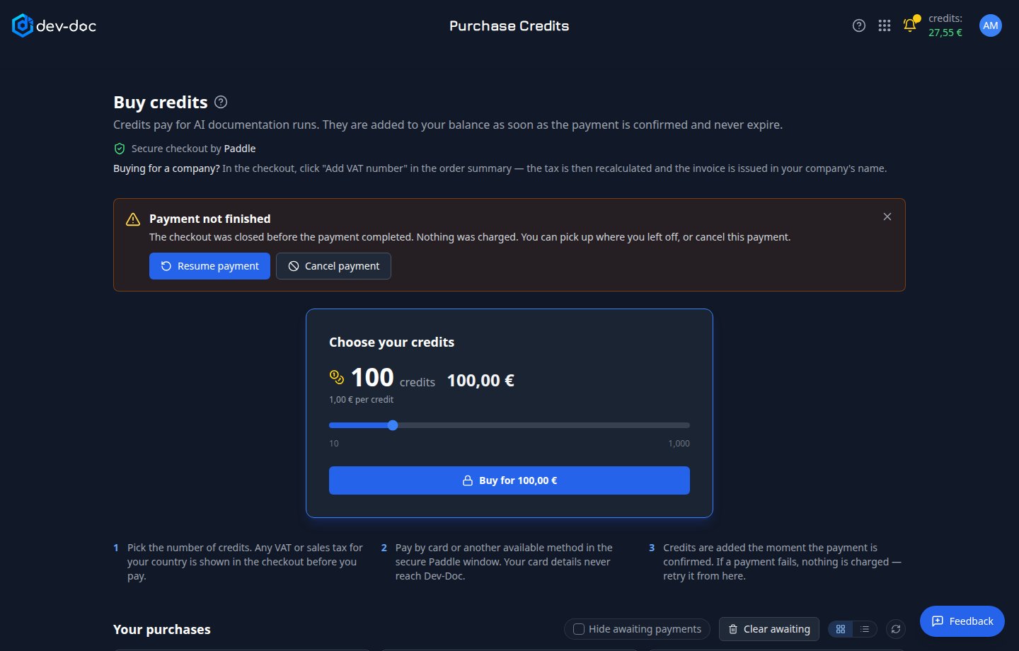 The Payment not finished message with Resume payment and Cancel payment.