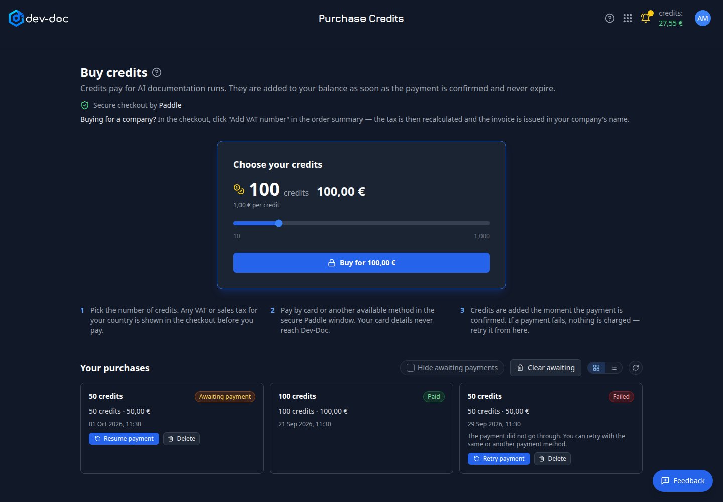 The Purchase Credits page with the credit slider and purchase history.