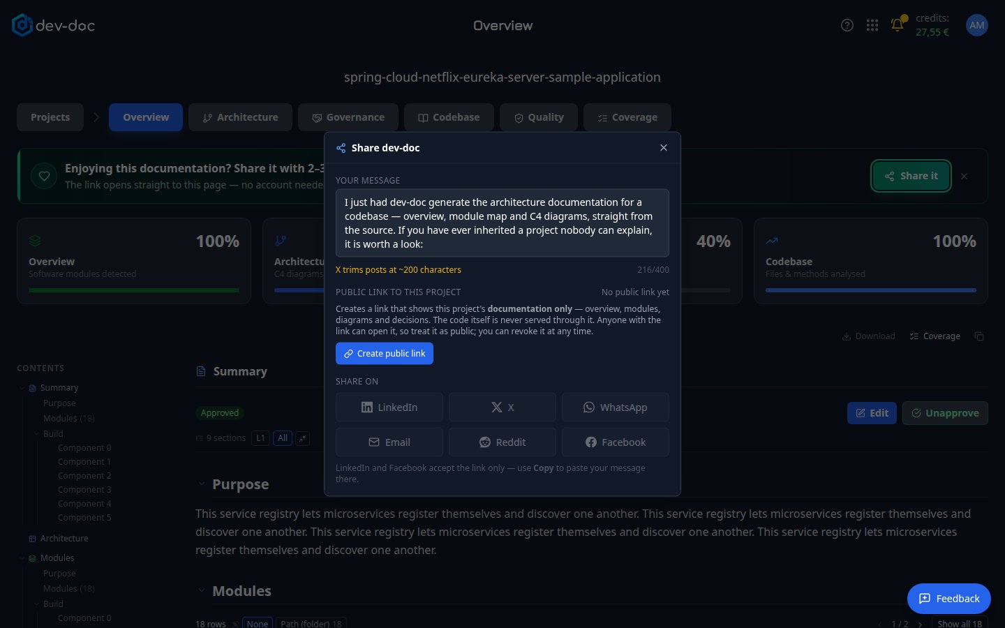 The share dialog with message, public link and share channels.